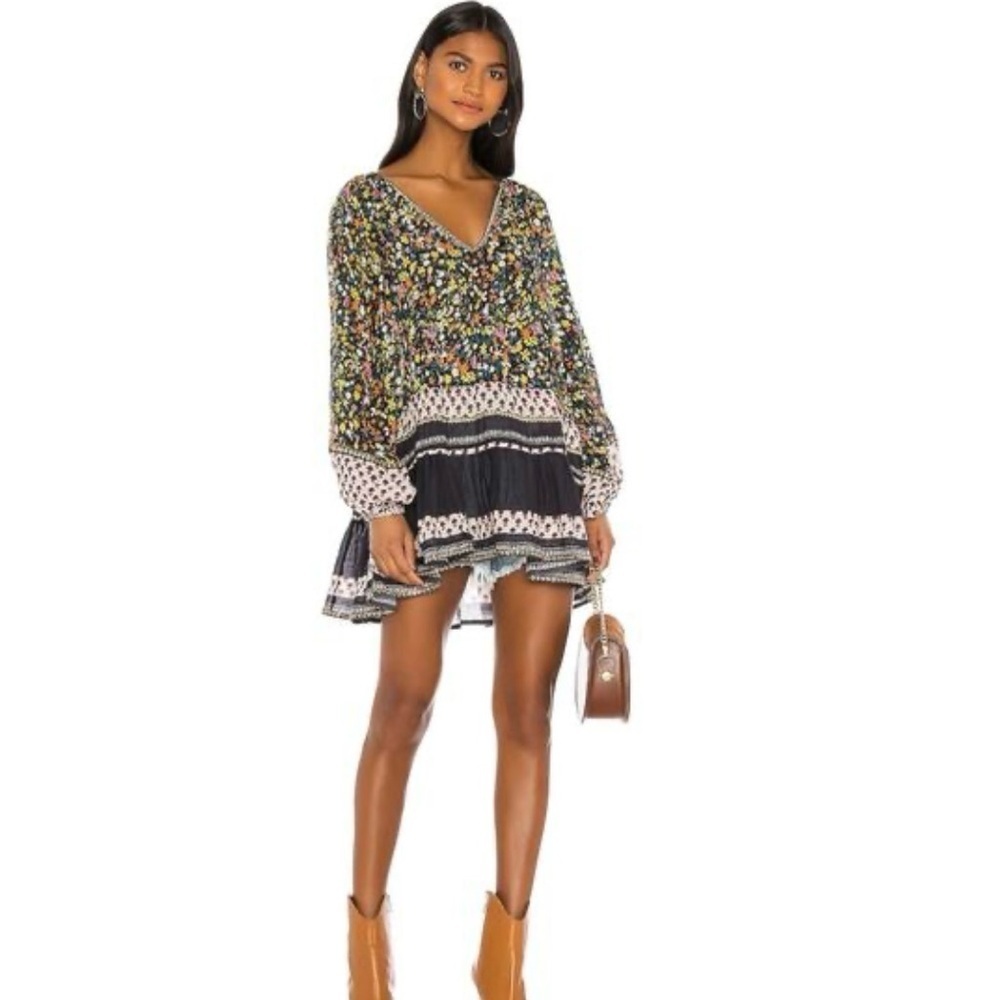 Free People Gardenia Floral Embellished Tunic Top Dress Sz Small Black V Neck